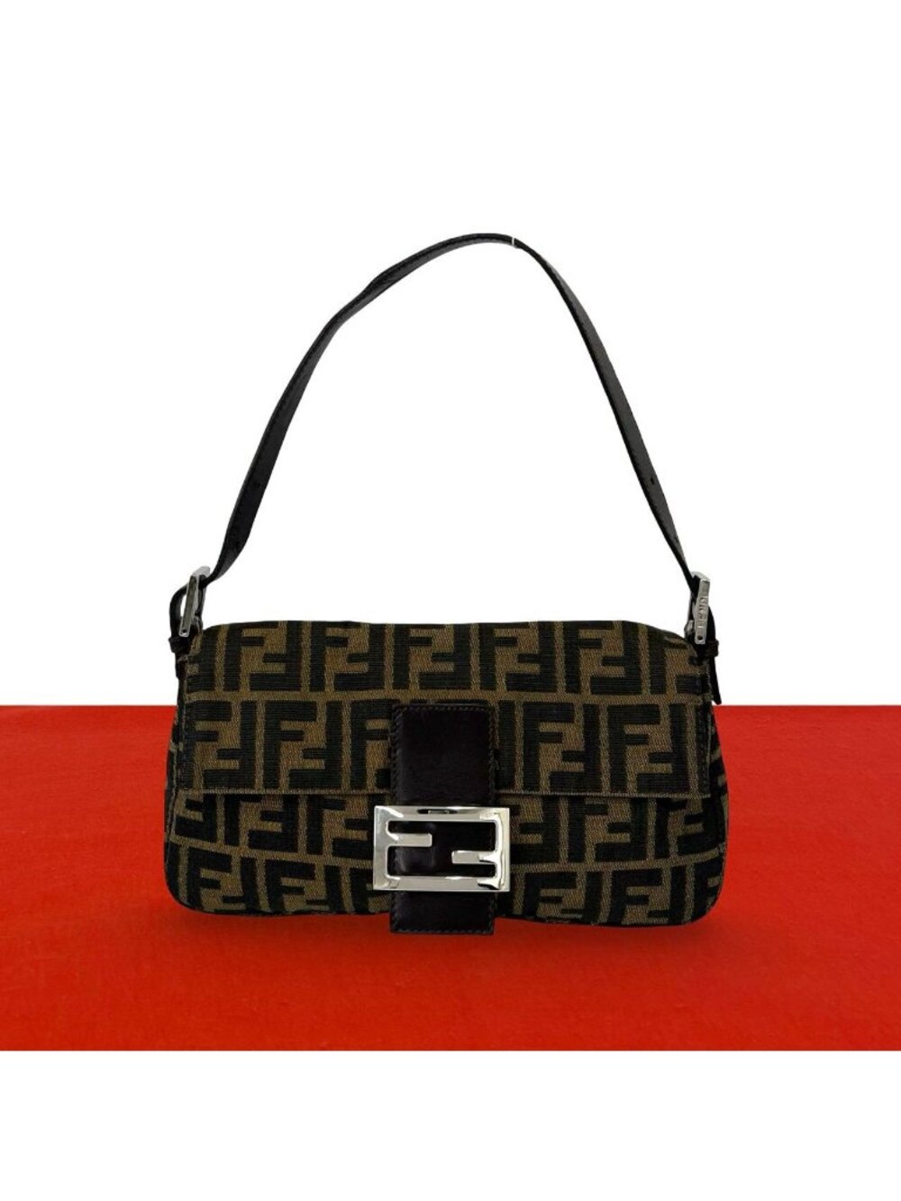 Fendi Vintage Zucca Pattern FF Logo Canvas Leather Handbag Bag Brown